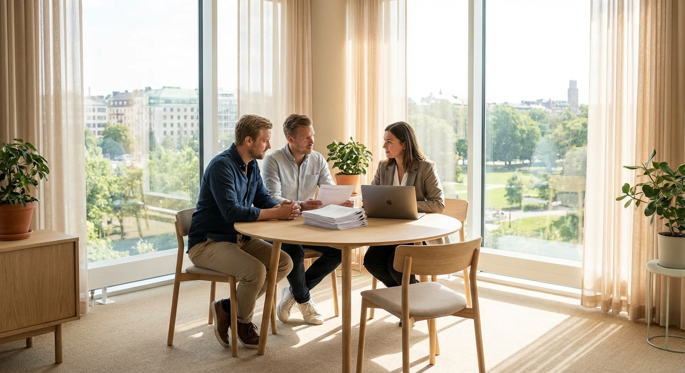 Mäklare hjälper par med bostadsaffär