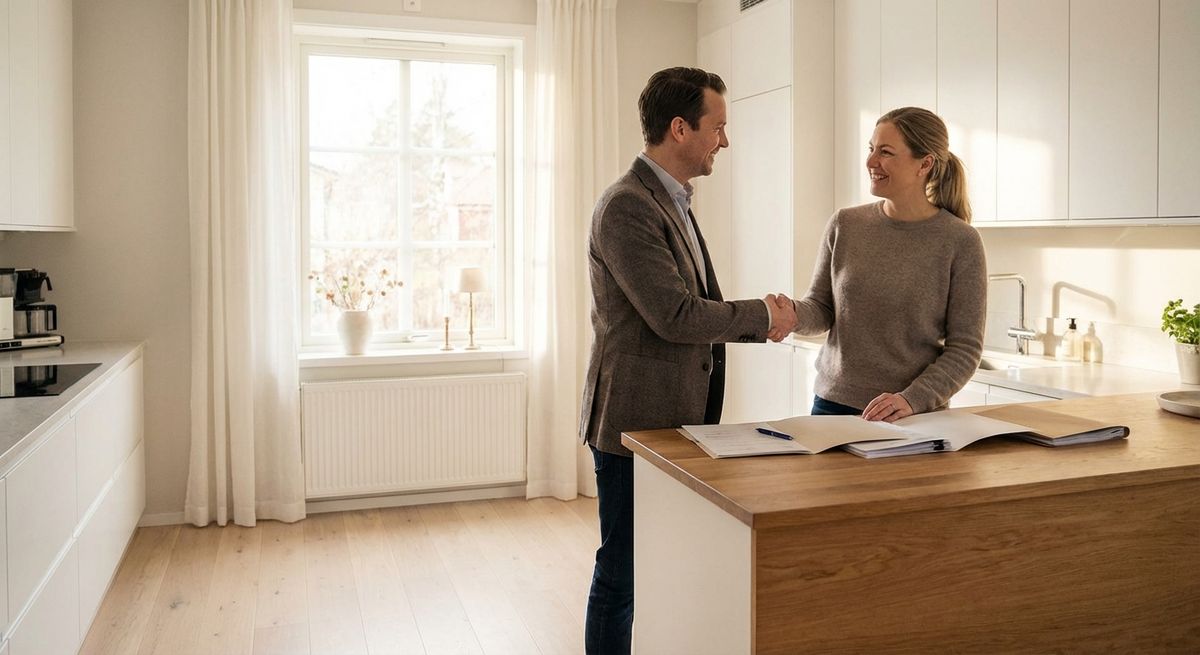 Mäklare och säljare skakar hand i Sundsvall